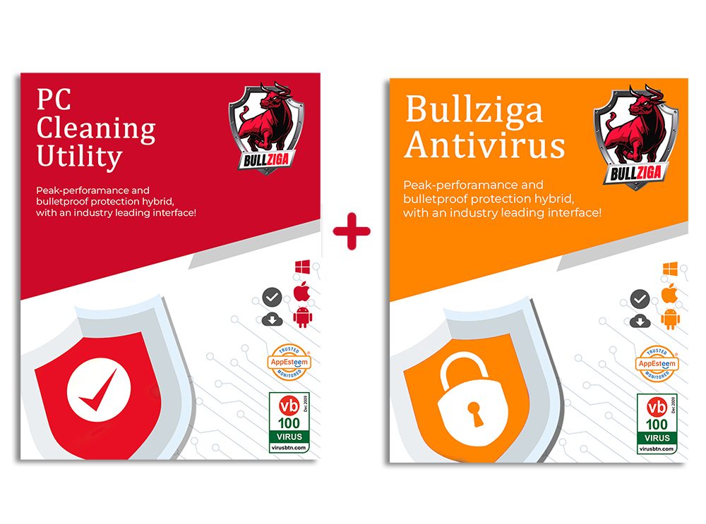 Bullziga PC Cleaning Utility and Antivirus software packaging featuring a shield design with a checkmark and lock symbol.