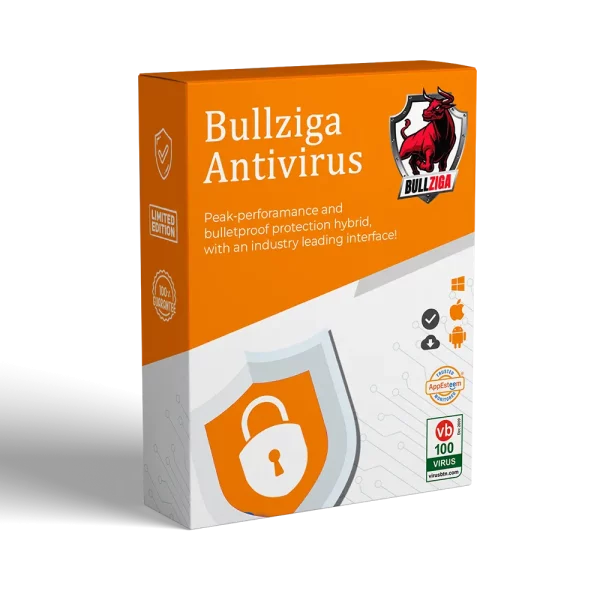 BullZIGZA Antivirus software packaging featuring a shield and lock symbol, highlighting peak performance and bulletproof protection.